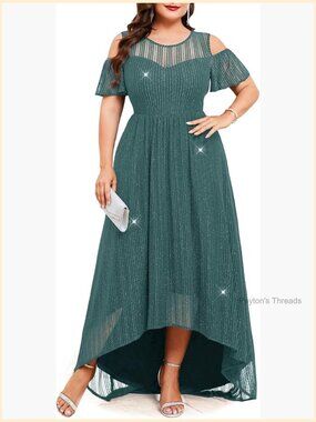 Plus Size Sparkly Mesh Maxi Dress Cold Shoulder Ruffle Sleeve A-Line Wedding